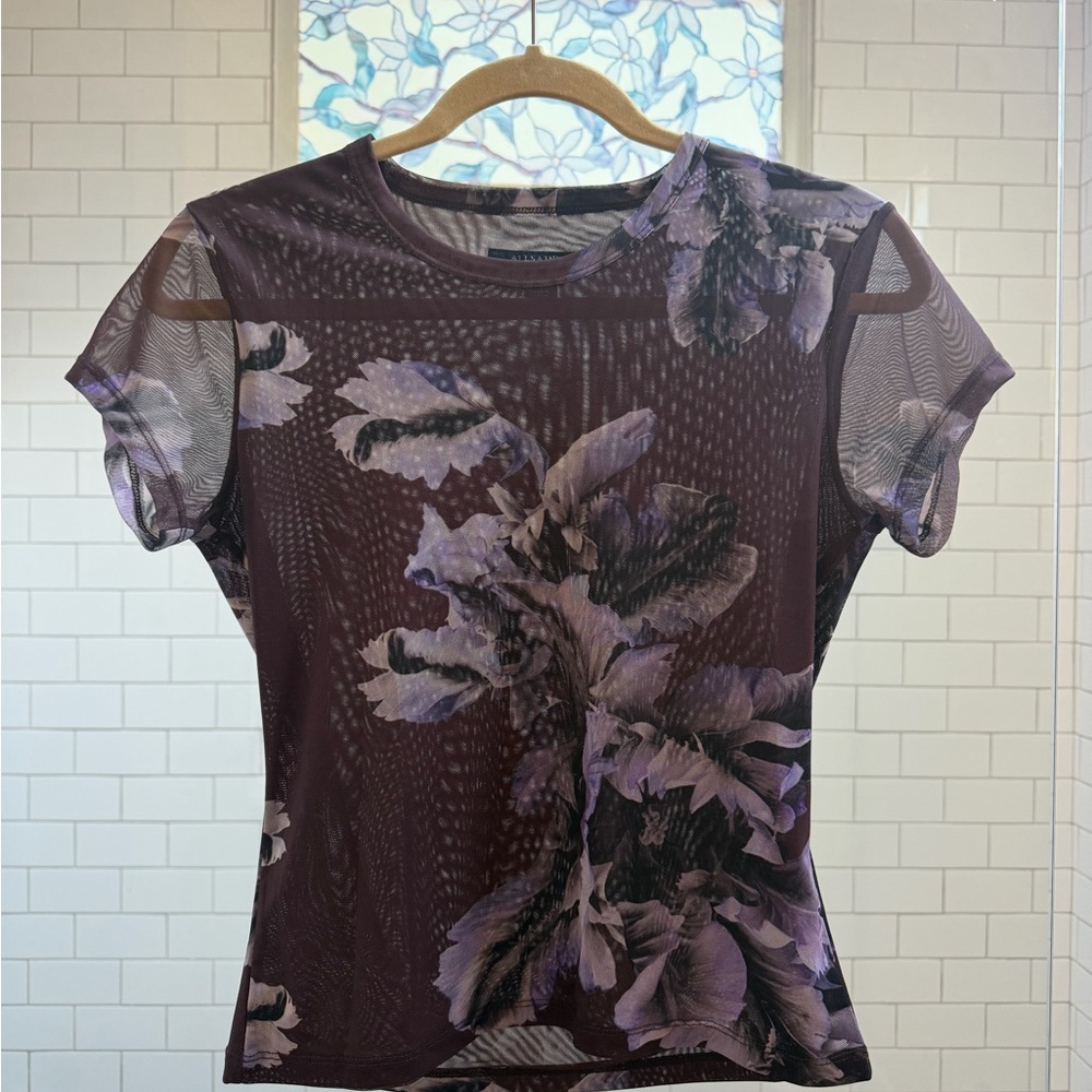 AllSaints Plum Floral Sheer Short-Sleeve Tee